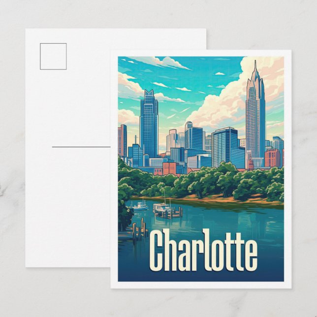 Postal Ilustracion de viajes estadounidense de Charlotte  (Anverso / Reverso)