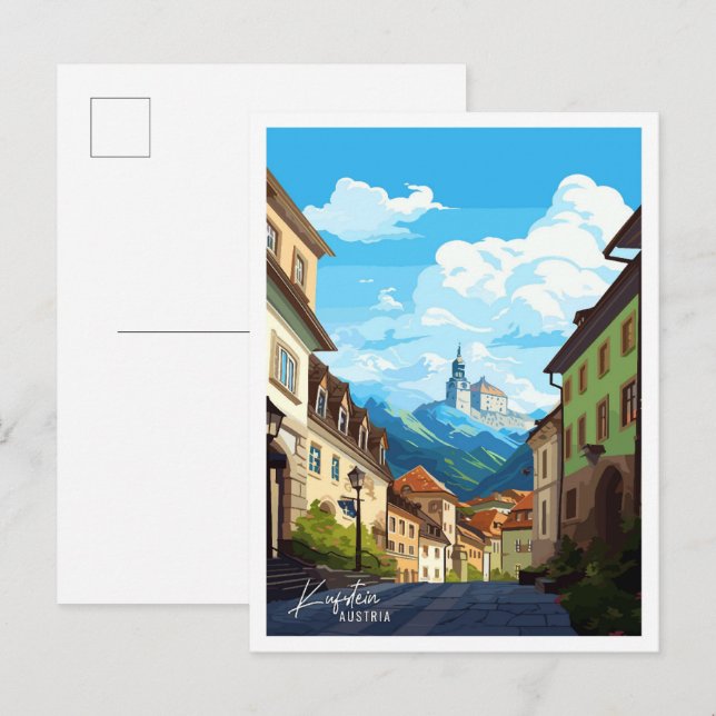 Postal Ilustracion de viajes Kufstein Austria (Anverso / Reverso)