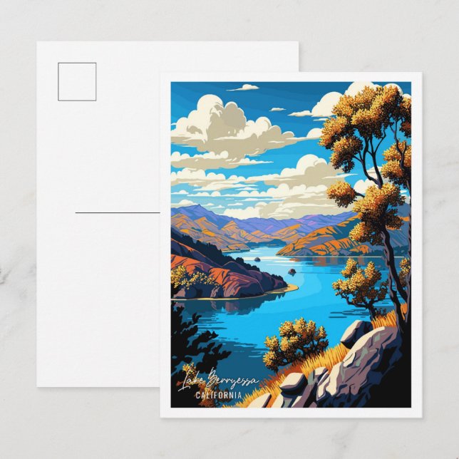 Postal Ilustracion de viajes Lake Berryessa California (Anverso / Reverso)