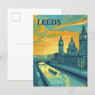 Postal Ilustracion de viajes Leeds Yorkshire Vintage Retr