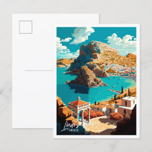 Postal Ilustracion de viajes Lindos Greece Art Vintage