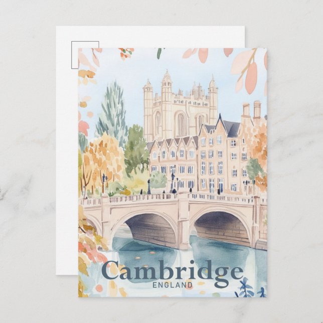 Postal Ilustracion de viajes por acuarela de Cambridge En (Anverso / Reverso)