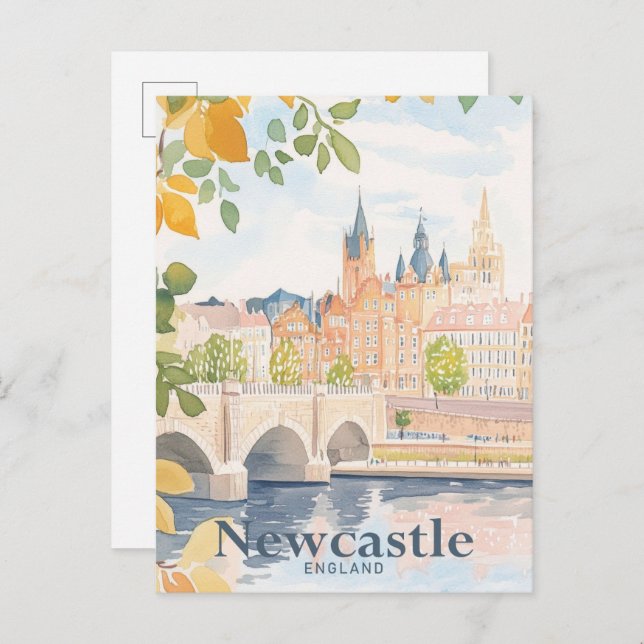 Postal Ilustracion de viajes por acuarela de Newcastle En (Anverso / Reverso)