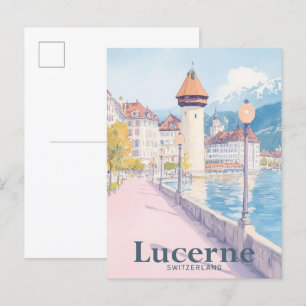 Postal Ilustracion de viajes por aguas de Suiza Lucerne