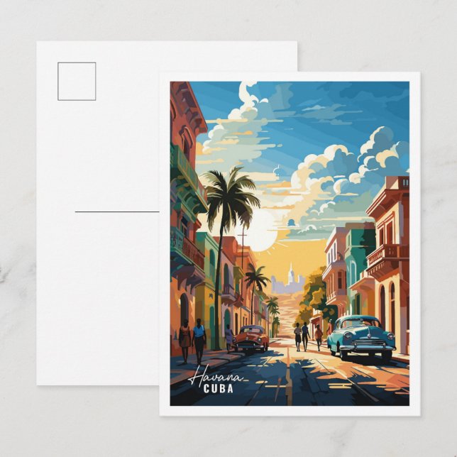 Postal Ilustracion de viajes por arte de La Habana Cuba (Anverso / Reverso)