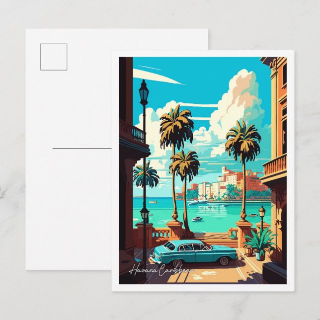 Postal Ilustracion de viajes por arte de La Habana Cuba (Anverso / Reverso)
