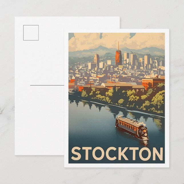 Postal Ilustracion de Viajes por Vintage de Stockton Cali (Anverso / Reverso)