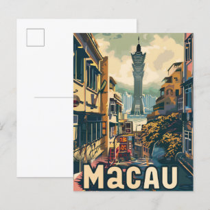 Postal Ilustracion de viajes retro de cosecha en Macao Ch