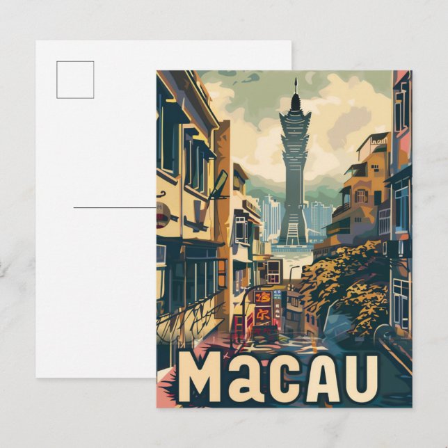 Postal Ilustracion de viajes retro de cosecha en Macao Ch (Anverso / Reverso)