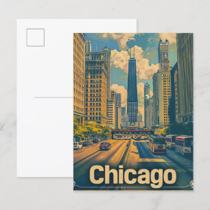 Postal Ilustracion de viajes Retro Vintage de Chicago Ill