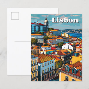Postal Ilustracion de viajes retro vintage de Lisboa Port