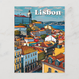 Postal Ilustracion de viajes retro vintage de Lisboa Port