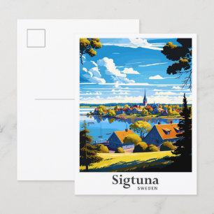 Postal Ilustracion de viajes Sigtuna Suecia Art Vintage