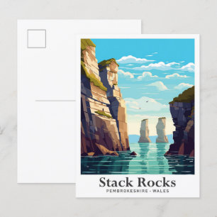 Postal Ilustracion de viajes Stack Rocks Pembrokeshire