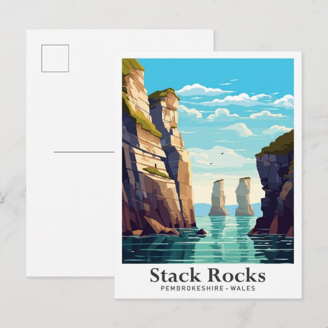 Postal Ilustracion de viajes Stack Rocks Pembrokeshire (Anverso / Reverso)