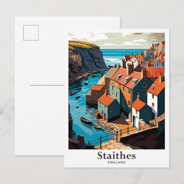Postal Ilustracion de viajes Staithes England Art Vintage (Anverso / Reverso)