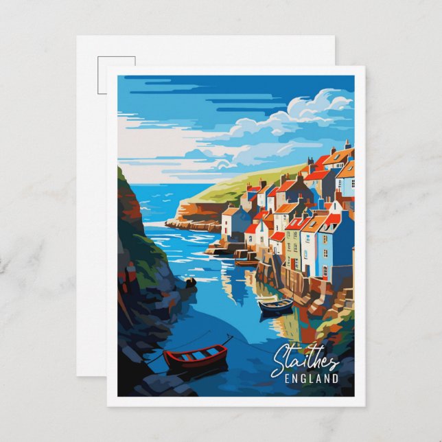 Postal Ilustracion de viajes Staithes England vintage (Anverso / Reverso)