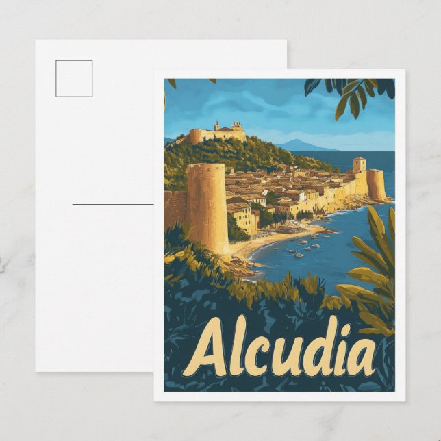 Postal Ilustracion de Viajes Vintage de Alcudia España (Anverso / Reverso)