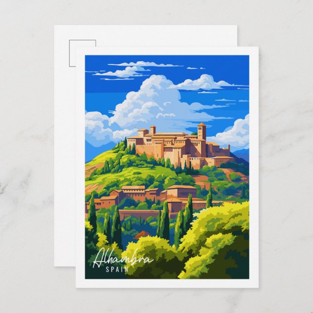 Postal Ilustracion de viajes vintage de Alhambra España (Anverso / Reverso)