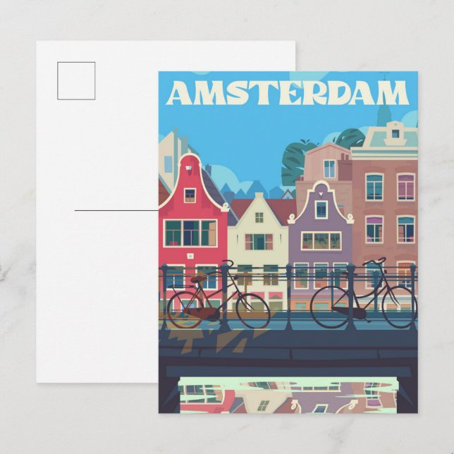 Postal Ilustracion de Viajes Vintage de Amsterdam (Anverso / Reverso)