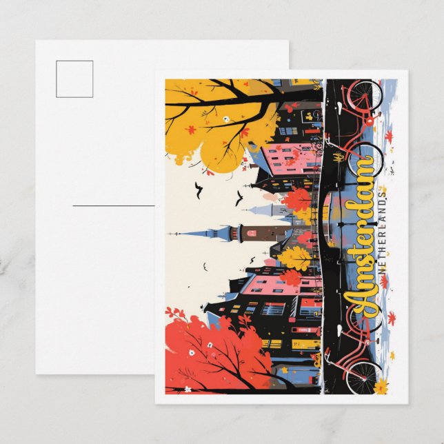 Postal Ilustracion de Viajes Vintage de Amsterdam (Anverso / Reverso)
