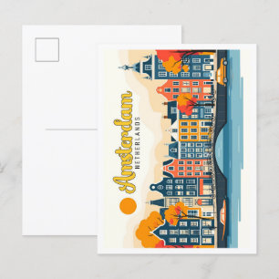 Postal Ilustracion de Viajes Vintage de Amsterdam