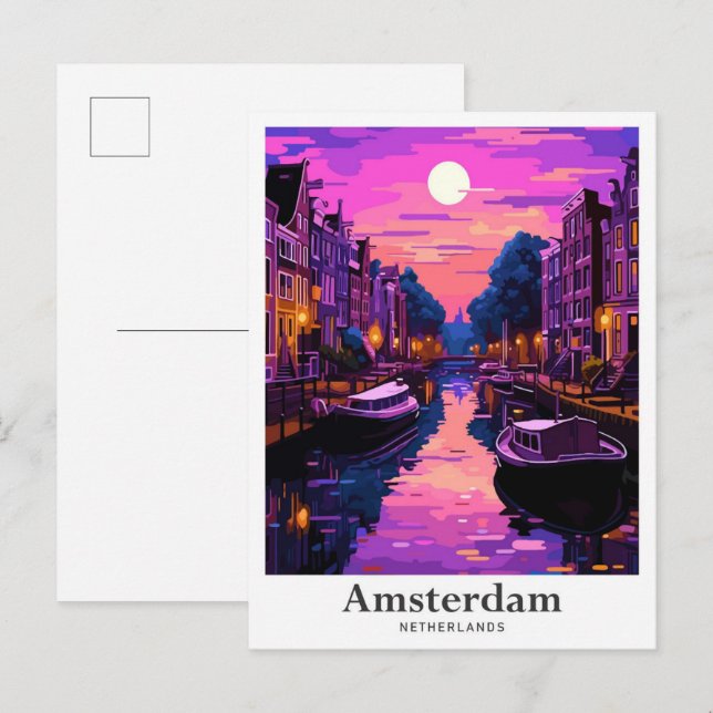 Postal Ilustracion de Viajes Vintage de Amsterdam (Anverso / Reverso)