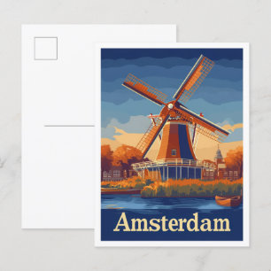 Postal Ilustracion de Viajes Vintage de Amsterdam
