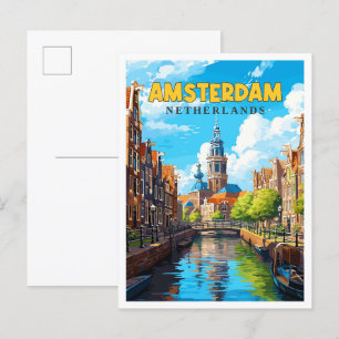 Postal Ilustracion de viajes vintage de Amsterdam