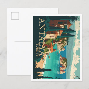 Postal Ilustracion de Viajes Vintage de Antalya Turkey
