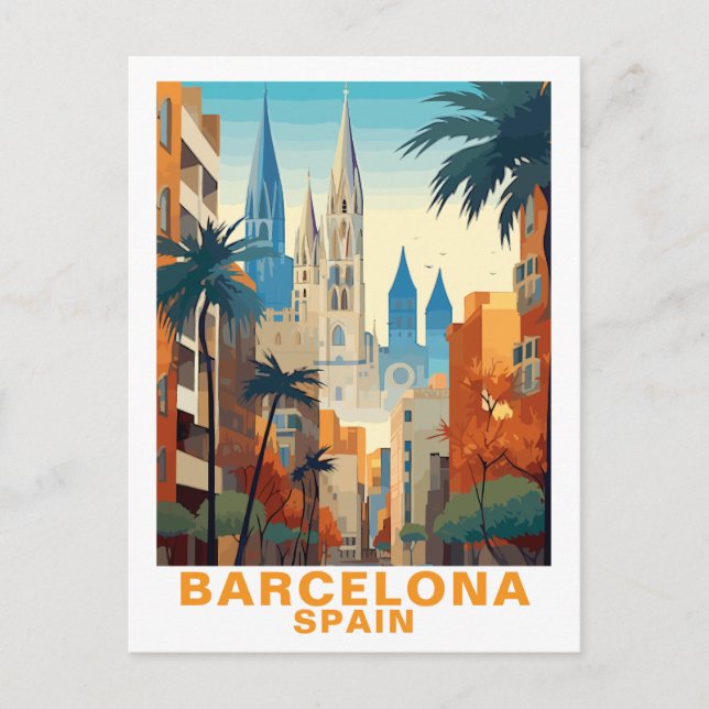 Postal Ilustracion de Viajes Vintage de Barcelona (Anverso)