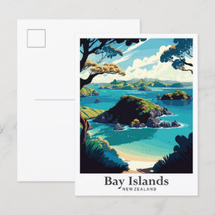 Postal Ilustracion de Viajes Vintage de Bay Island New Ze