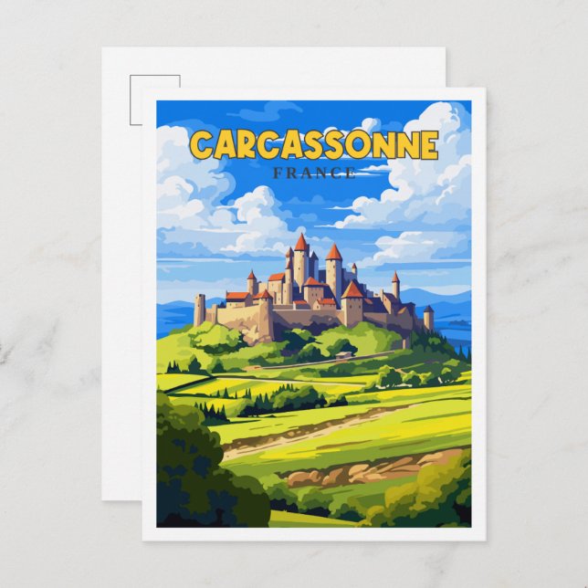 Postal Ilustracion de viajes vintage de Carcasona France (Anverso / Reverso)