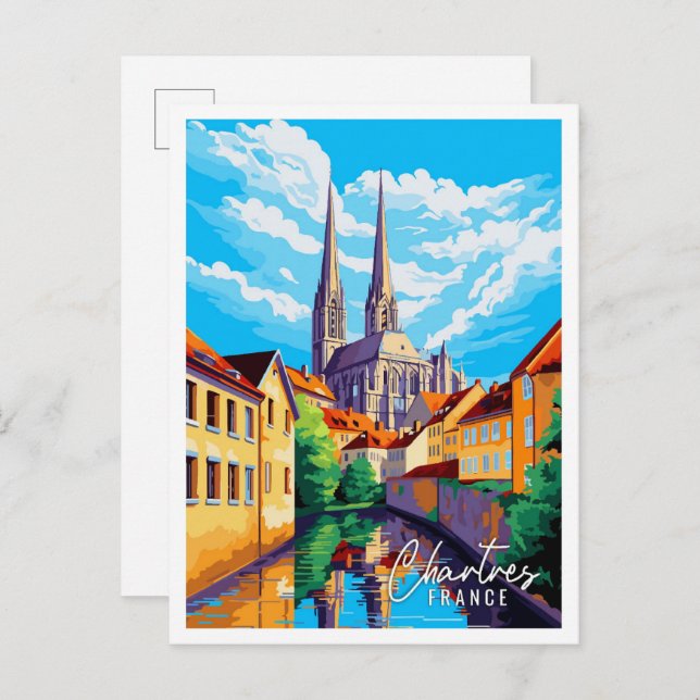Postal Ilustracion de viajes vintage de Chartres France (Anverso / Reverso)