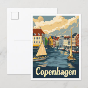 Postal Ilustracion de Viajes Vintage de Copenhague Dinama