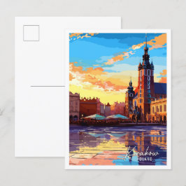 Postal Ilustracion de viajes vintage de Cracovia Polonia