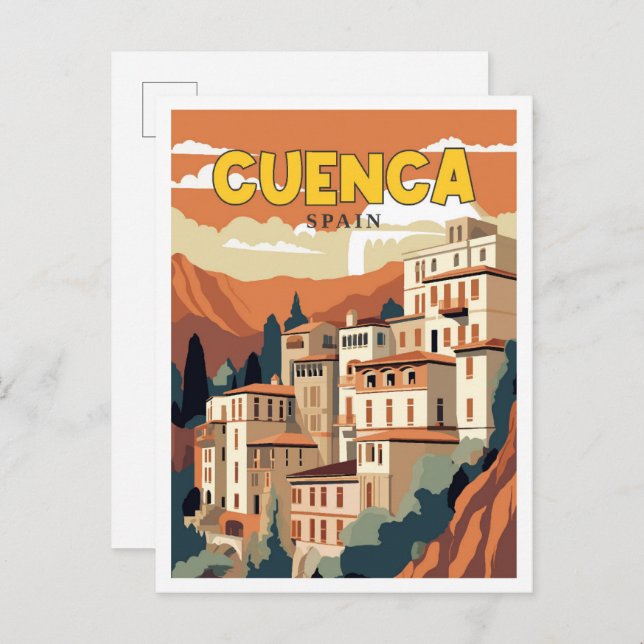 Postal Ilustracion de viajes vintage de Cuenca España (Anverso / Reverso)