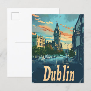 Postal Ilustracion de Viajes Vintage de Dublin City Irela