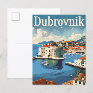 Postal Ilustracion de Viajes Vintage de Dubrovnik Croacia