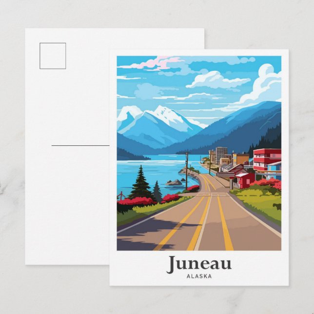 Postal Ilustracion de Viajes Vintage de Juneau Alaska (Anverso / Reverso)
