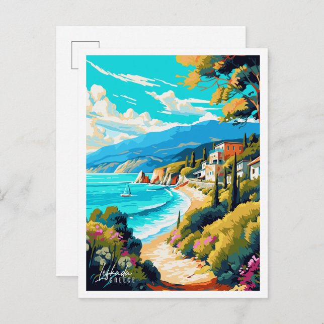 Postal Ilustracion de viajes vintage de Lefkada Grecia (Anverso / Reverso)