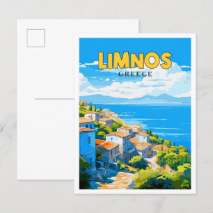 Postal Ilustracion de viajes vintage de Limnos Grecia