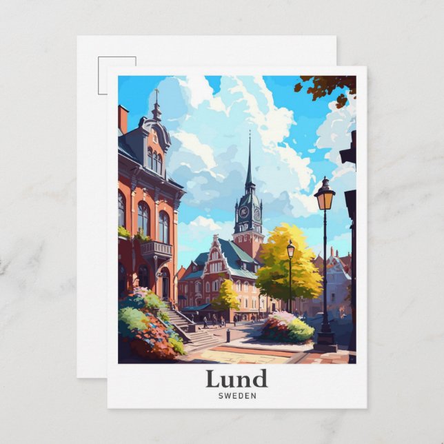 Postal Ilustracion de Viajes Vintage de Lund Sweden (Anverso / Reverso)
