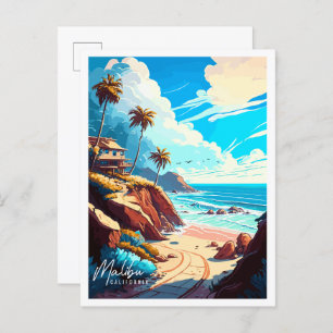 Postal Ilustracion de viajes vintage de Malibu California