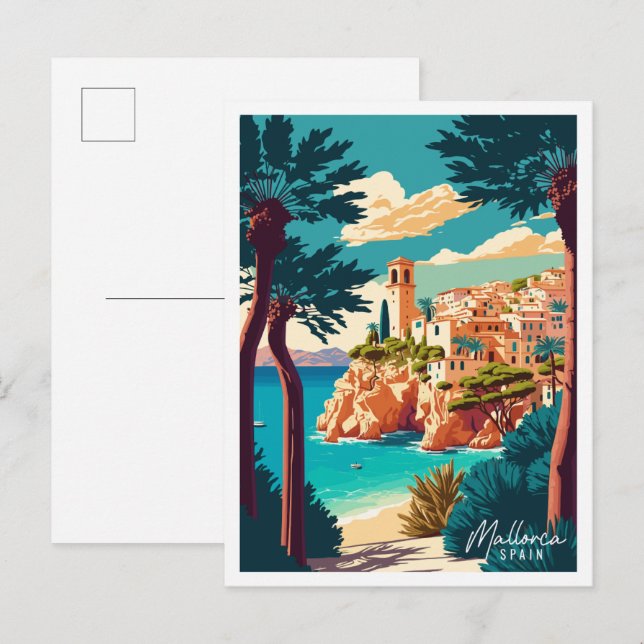 Postal Ilustracion de viajes vintage de Mallorca (Anverso / Reverso)