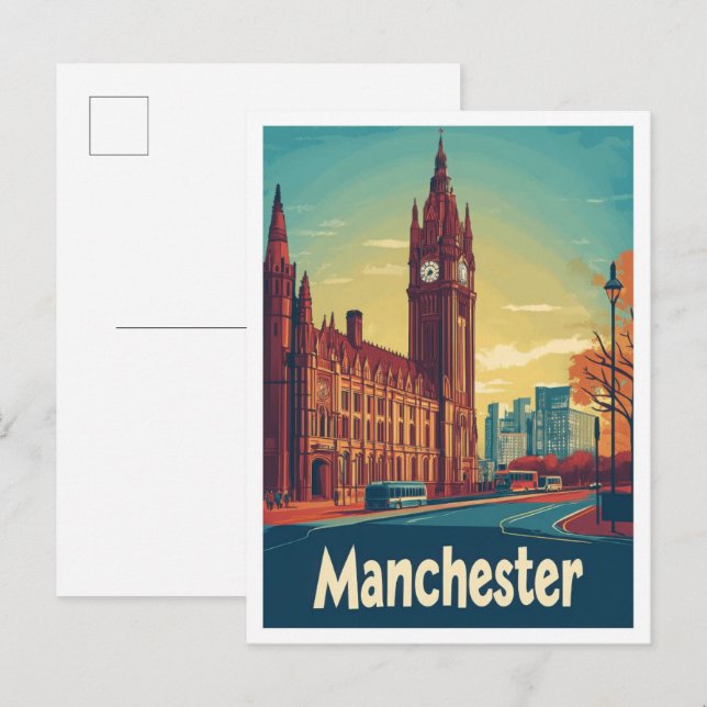 Postal Ilustracion de Viajes Vintage de Manchester Englan (Anverso / Reverso)