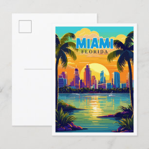 Postal Ilustracion de viajes vintage de Miami Florida USA