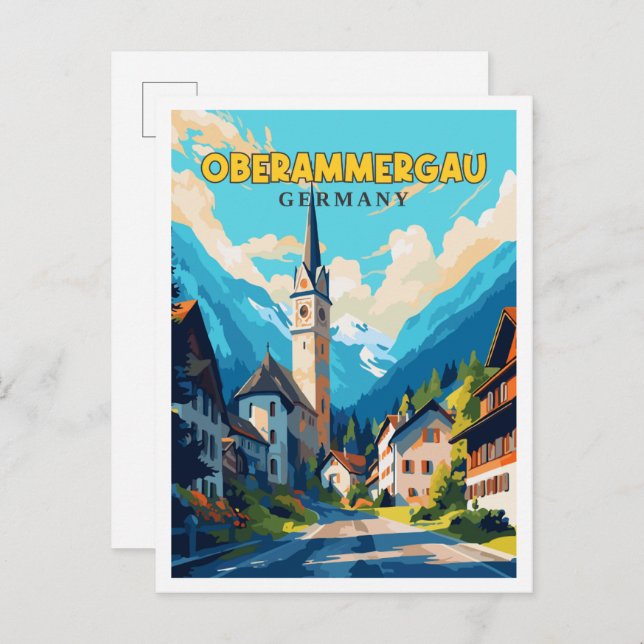 Postal Ilustracion de viajes vintage de Oberammergau (Anverso / Reverso)
