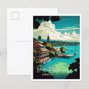 Postal Ilustracion de viajes vintage de Ocho Rios Jamaica