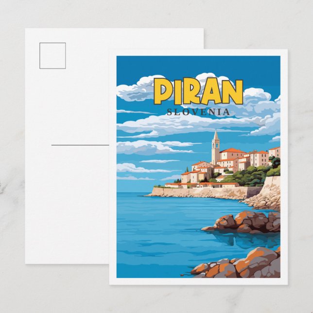 Postal Ilustracion de viajes vintage de Piran Eslovenia (Anverso / Reverso)